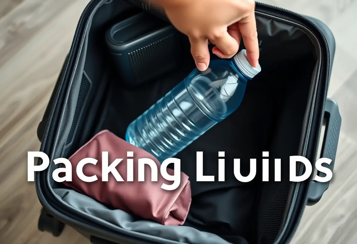 Une main placant une petite bouteille d'eau dans une valise cabine, selon les instructions données par l'article.