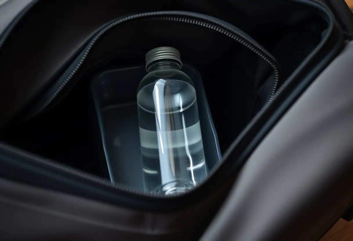 Une valise fermée avec une bouteille d'eau à l'intérieur
