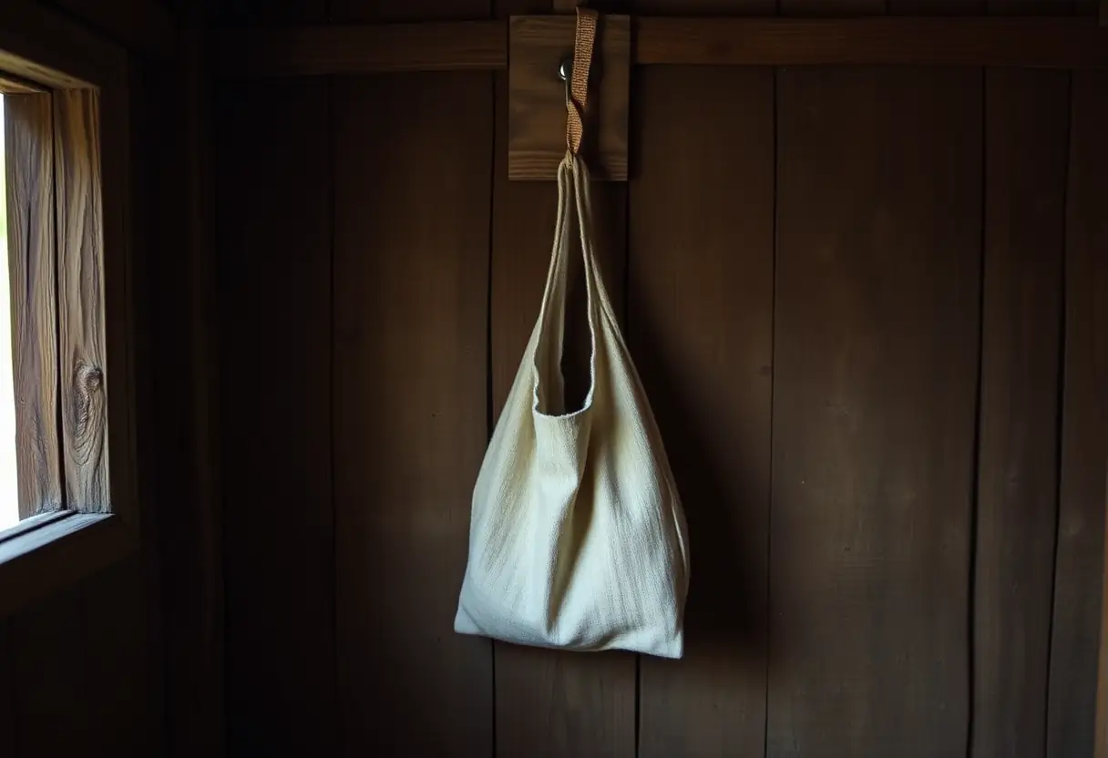 Un petit sac en tissu accroché à un clou à l'intérieur d'une petite cabane en bois