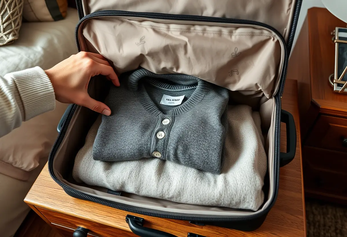 Une main qui place un pull plié dans l'ouverture d'une valise posée sur un meuble de la chambre
