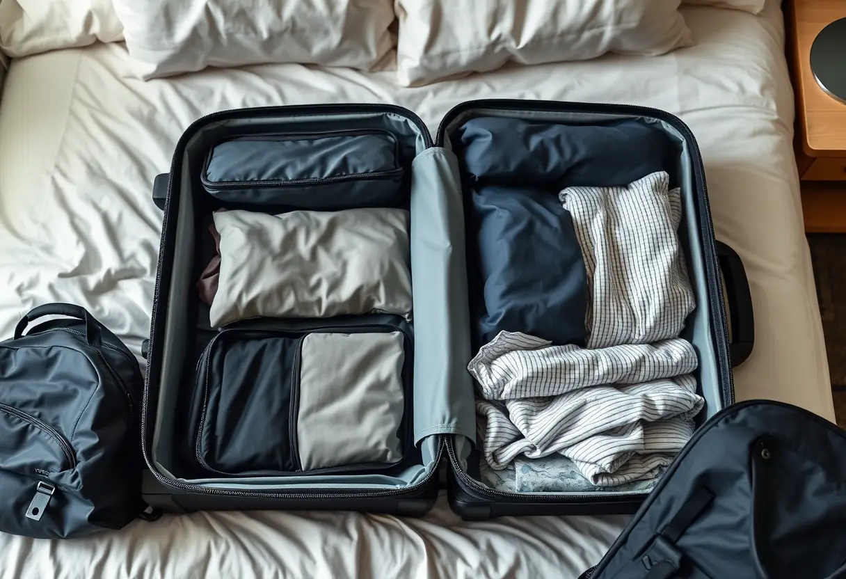 Des cubes de rangement bien organisés à l'intérieur d'une valise ouverte sur le lit d'une chambre d'hôtel, les vêtements soigneusement pliés contrastant avec le désordre d'un sac non déballé à proximité