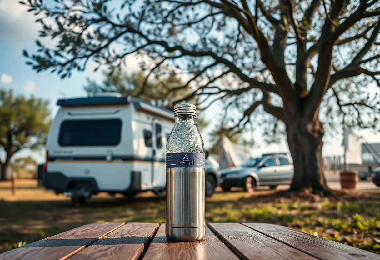 Une bouteille d'eau métallique argentée demi-remplie posée sur une table de pique-nique sous un grand arbre acacia, une camping-car est garée à proximité