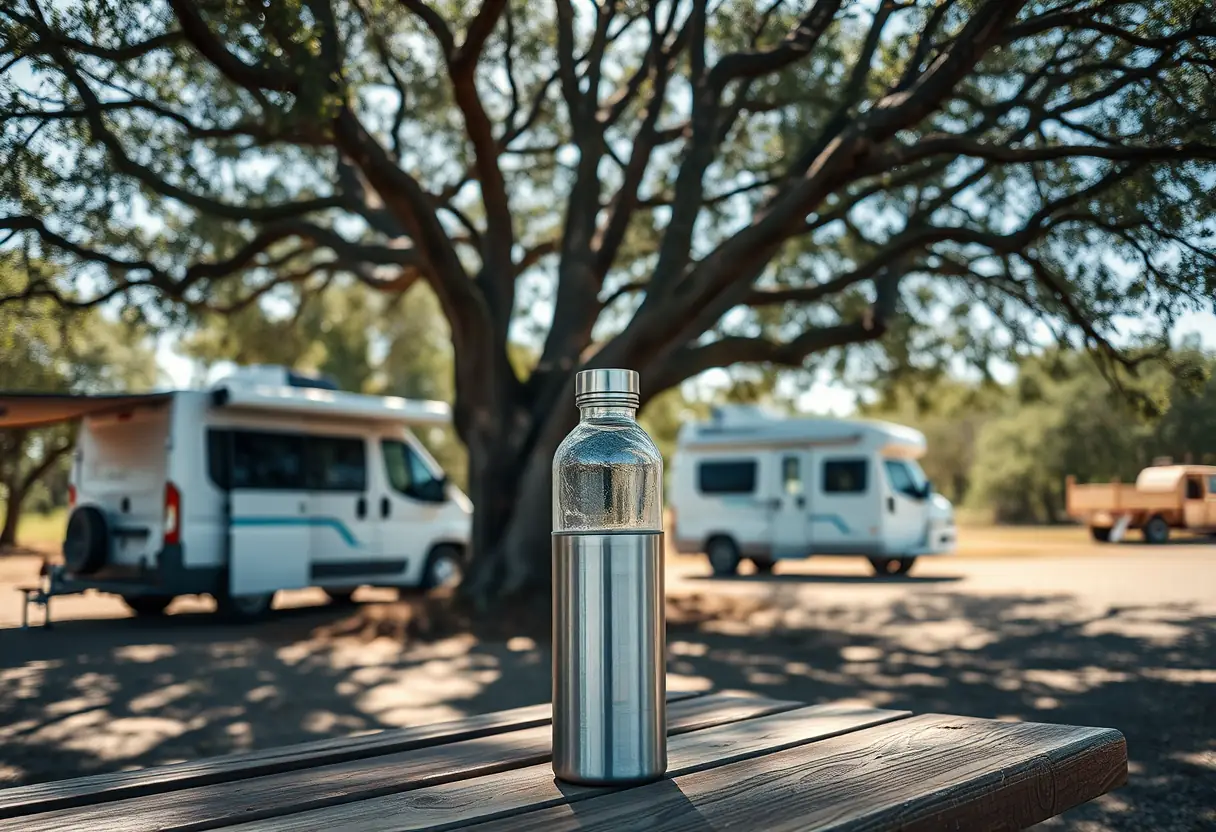 Une bouteille d'eau métallique argentée demi-remplie posée sur une table de pique-nique sous un grand arbre acacia, une camping-car est garée à proximité