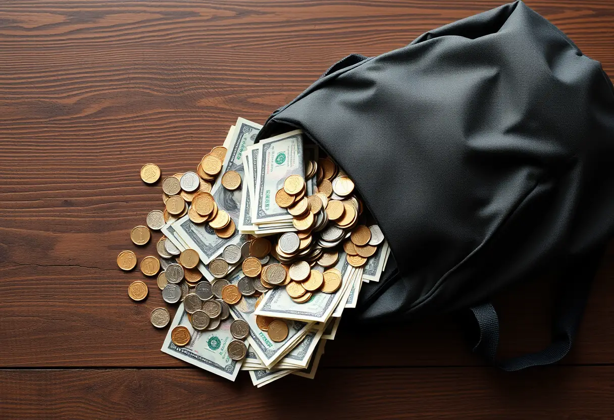 Un sac à dos posé sur une table en bois rempli de pièces et de billets