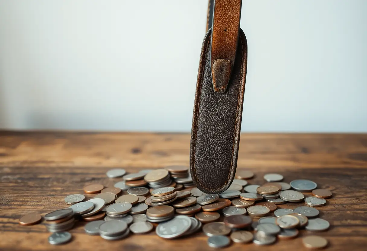 Une ceinture en cuir pendante au-dessus d'une table en bois couverte de pièces de monnaie