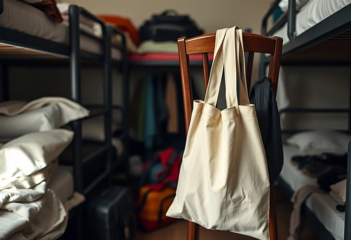 Un sac cabas accroché sur le dossier d'une chaise dans un dortoir d'auberge, entouré des affaires des autres voyageurs