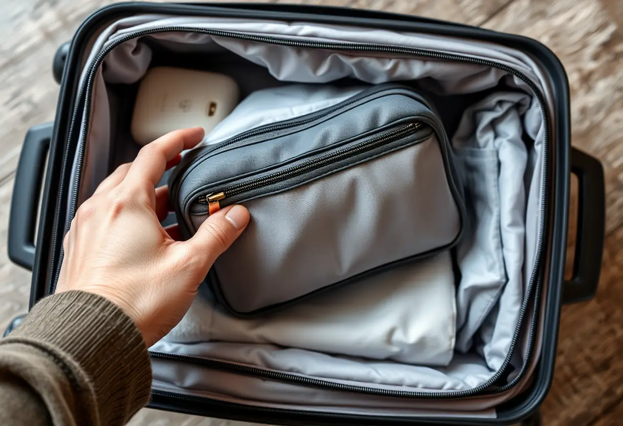 Une main tient un sac de toilette bien rangé à l'intérieur d'une valise prête à être fermée.