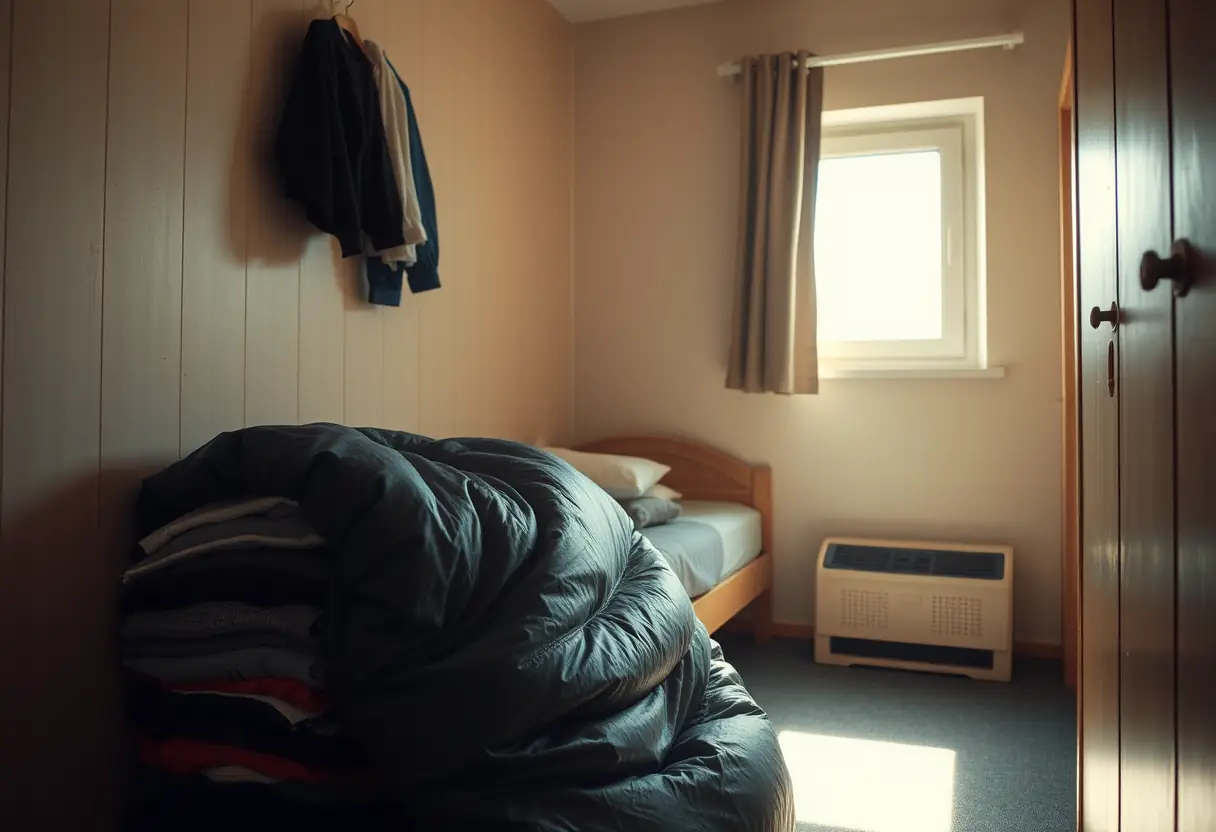 Un sac de couchage roulé appuyé contre une pile de vêtements dans une chambre d'auberge, la lumière du soleil pénètre par une petite fenêtre