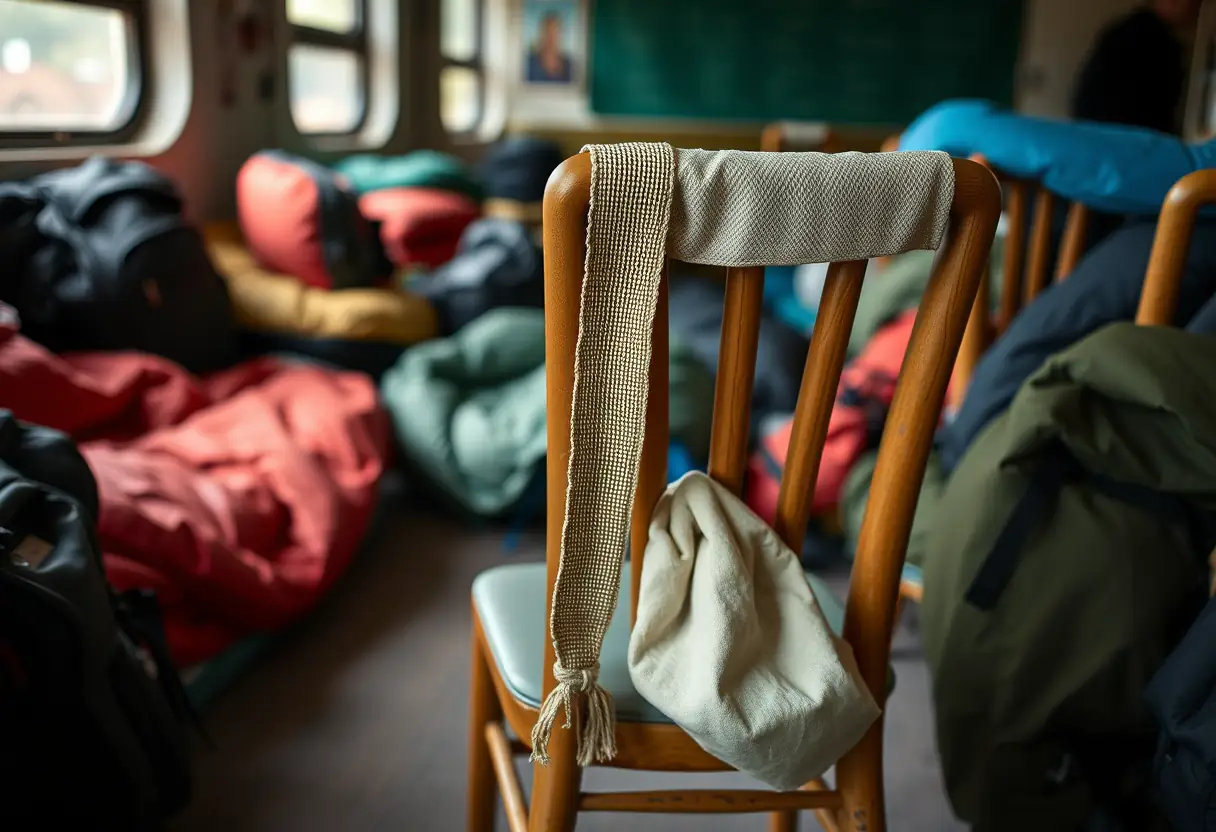 Un baudrier en toile tissée pend sur le dossier d'une chaise dans une zone commune, indiquant l'espace personnel de quelqu'un entouré de sacs de couchage et de sacs à dos