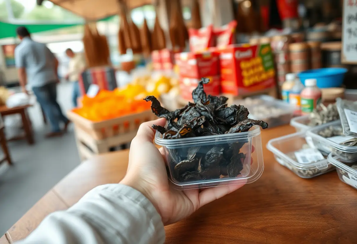Une main tenant un petit récipient en plastique rectangulaire rempli de chips de seaweed assis sur une table en bois dans un marché local