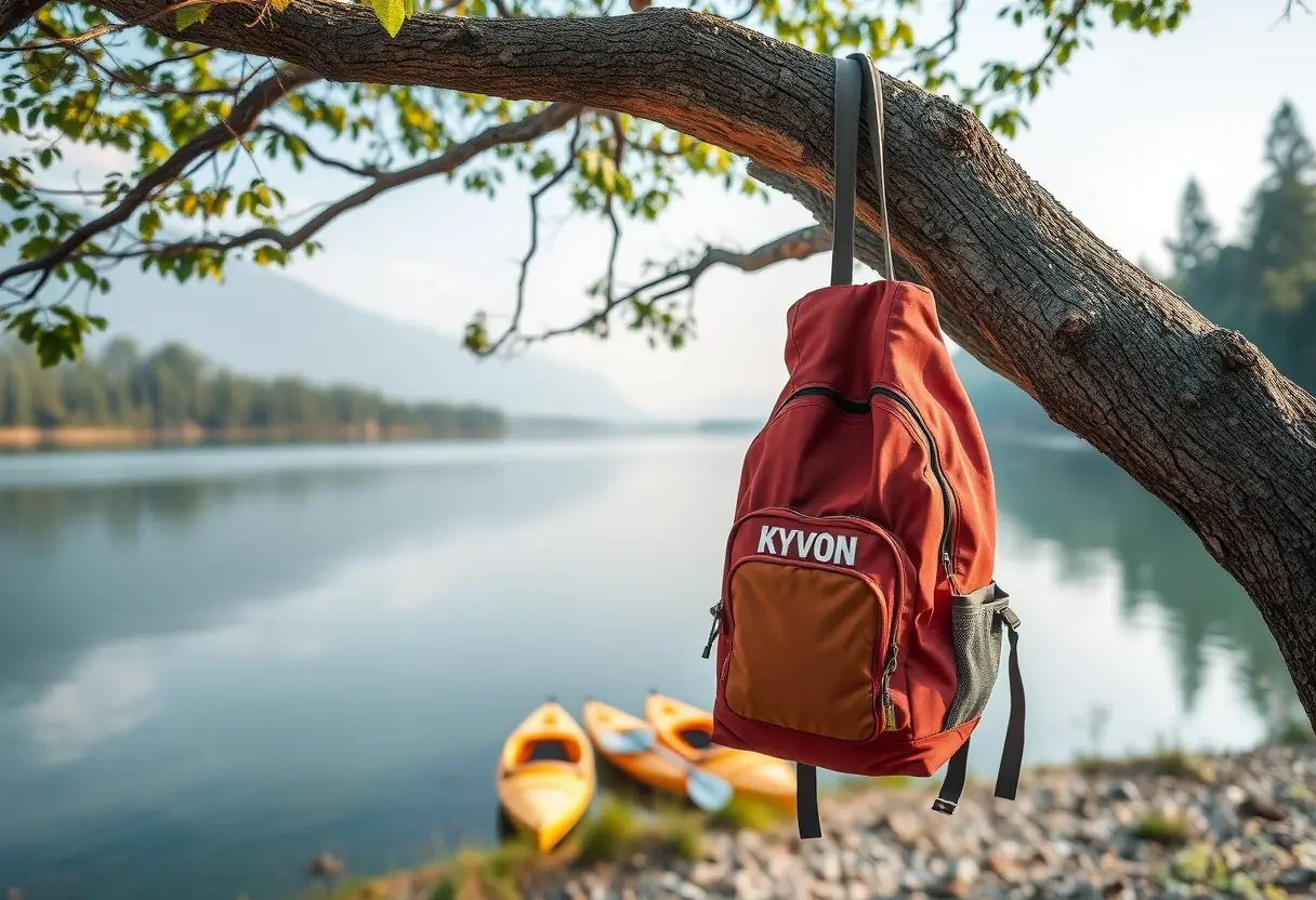 Un sac à dos accroché à une branche d'arbre près d'un cours d'eau, avec des canoës visibles en arrière-plan