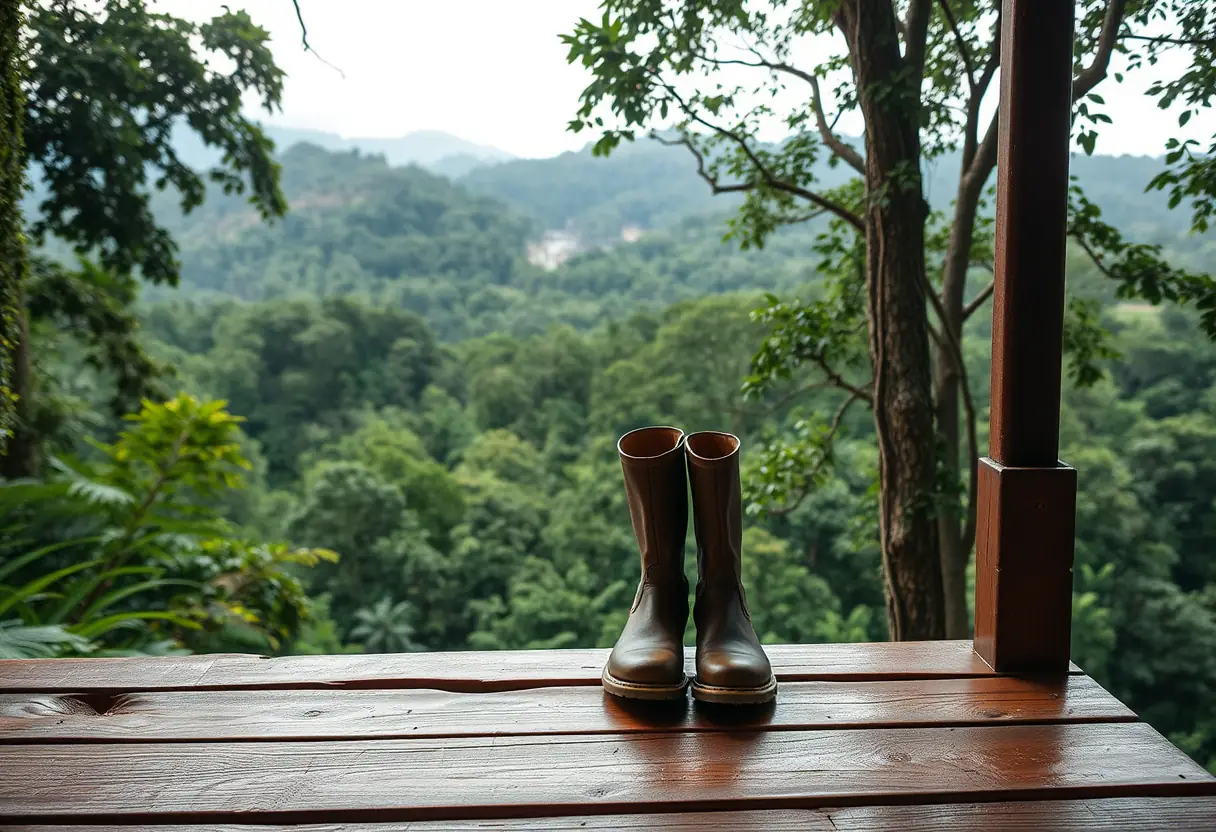 Une paire de bottes en train de sécher sur un quai en bois dominant un toit de forêt vierge dense