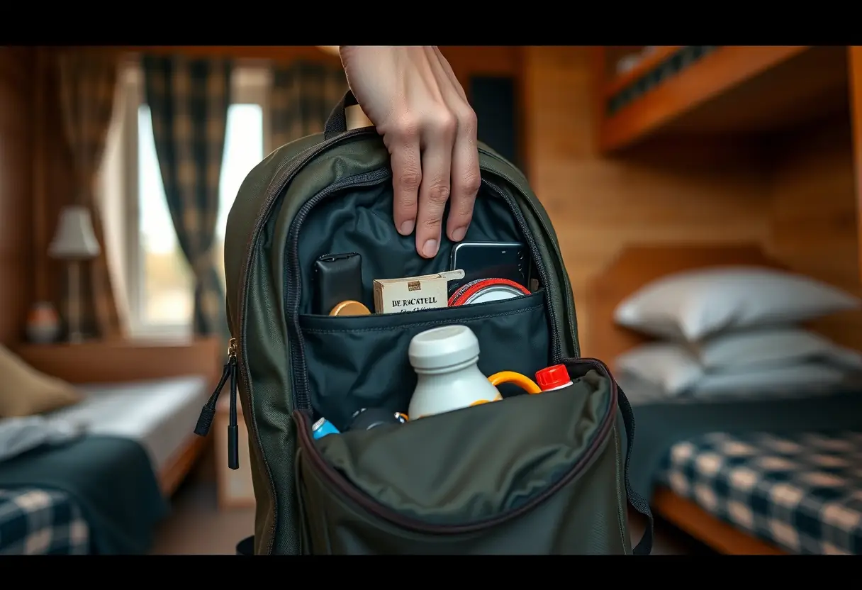 Une main zippant un sac à dos compact rempli d'articles essentiels dans une chambre d'auberge accueillante