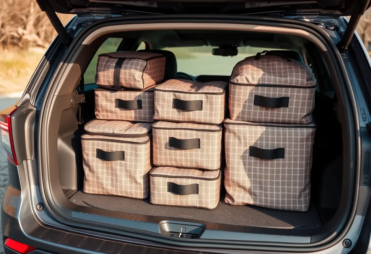 Des cubes de rangement emballés disposés avec soin dans le coffre d'une voiture, prêts pour le voyage