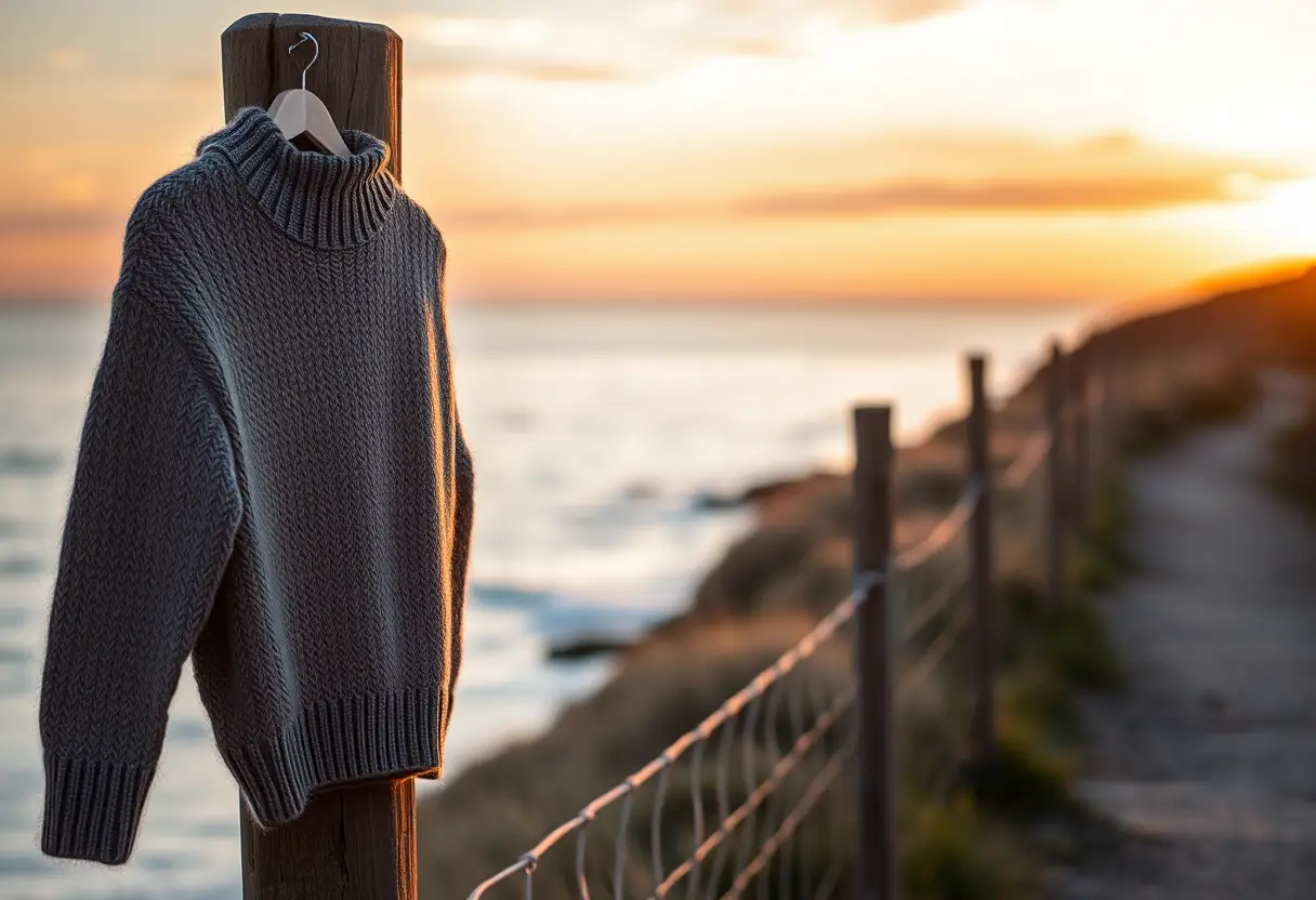 Un pull en laine accroché à une clôture en bois près d'un sentier côtier qui domine la mer au coucher du soleil