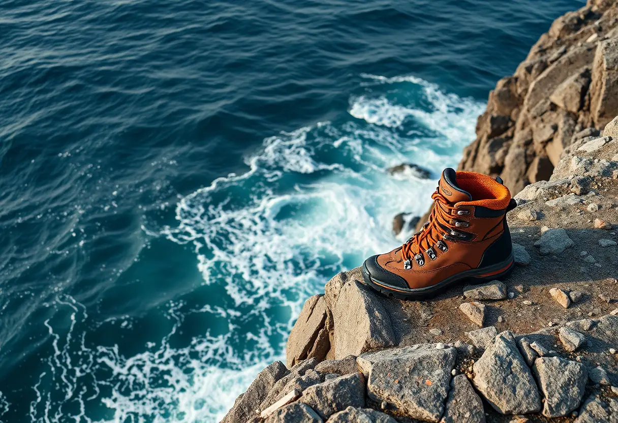 Une paire de chaussures de randonnée posées sur le bord d'une falaise rocheuse qui domine l'océan Arctique, avec des vagues qui s'écrasent en dessous