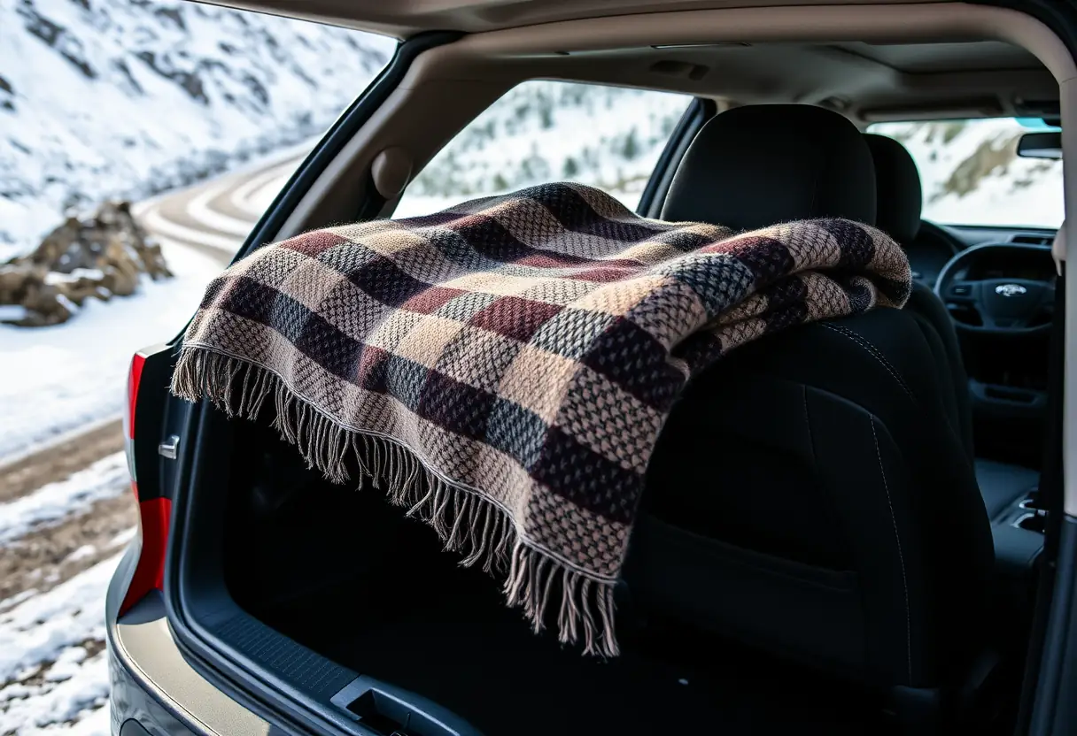 Un plaid en laine plié soigneusement sur les sièges arrière d'une voiture garée près d'un sentier enneigé