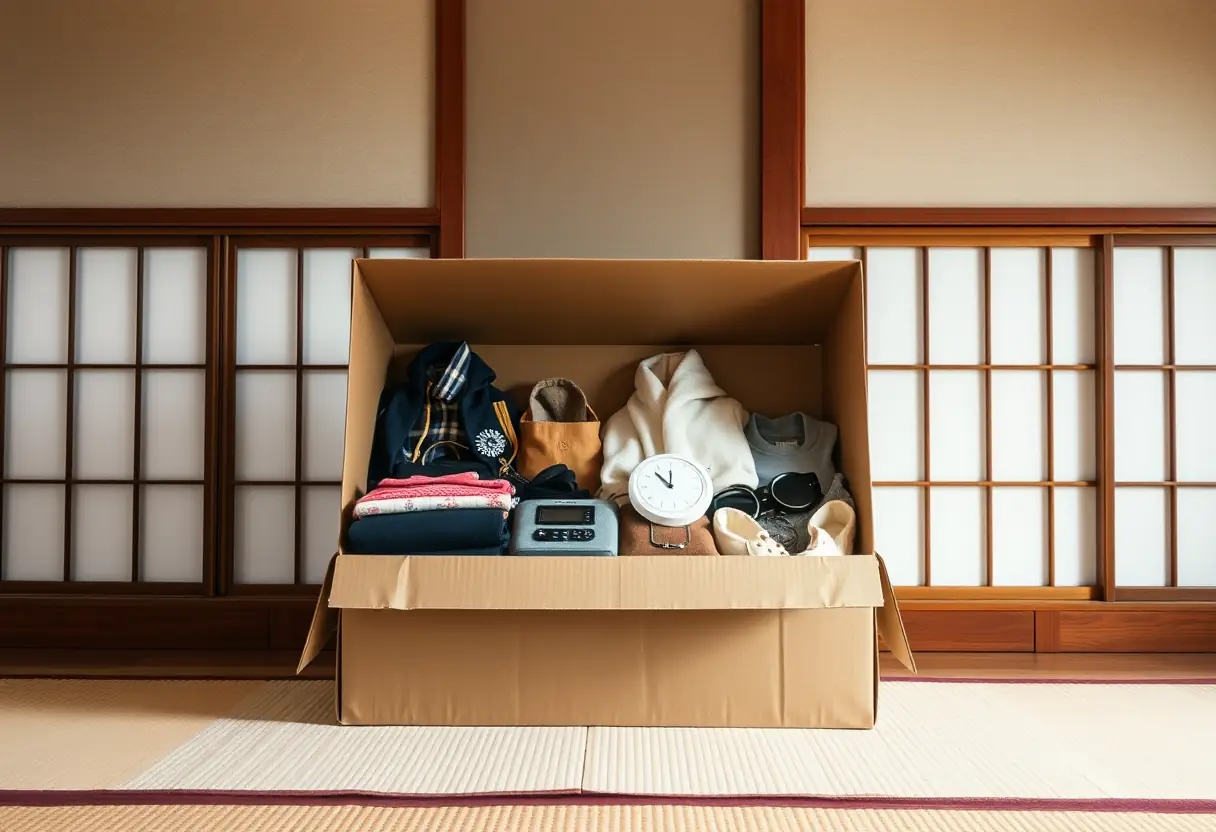 Une boîte rectangulaire en carton pleine de vêtements pliés et d'accessoires posée sur un tatamis dans une chambre d'auberge japonaise