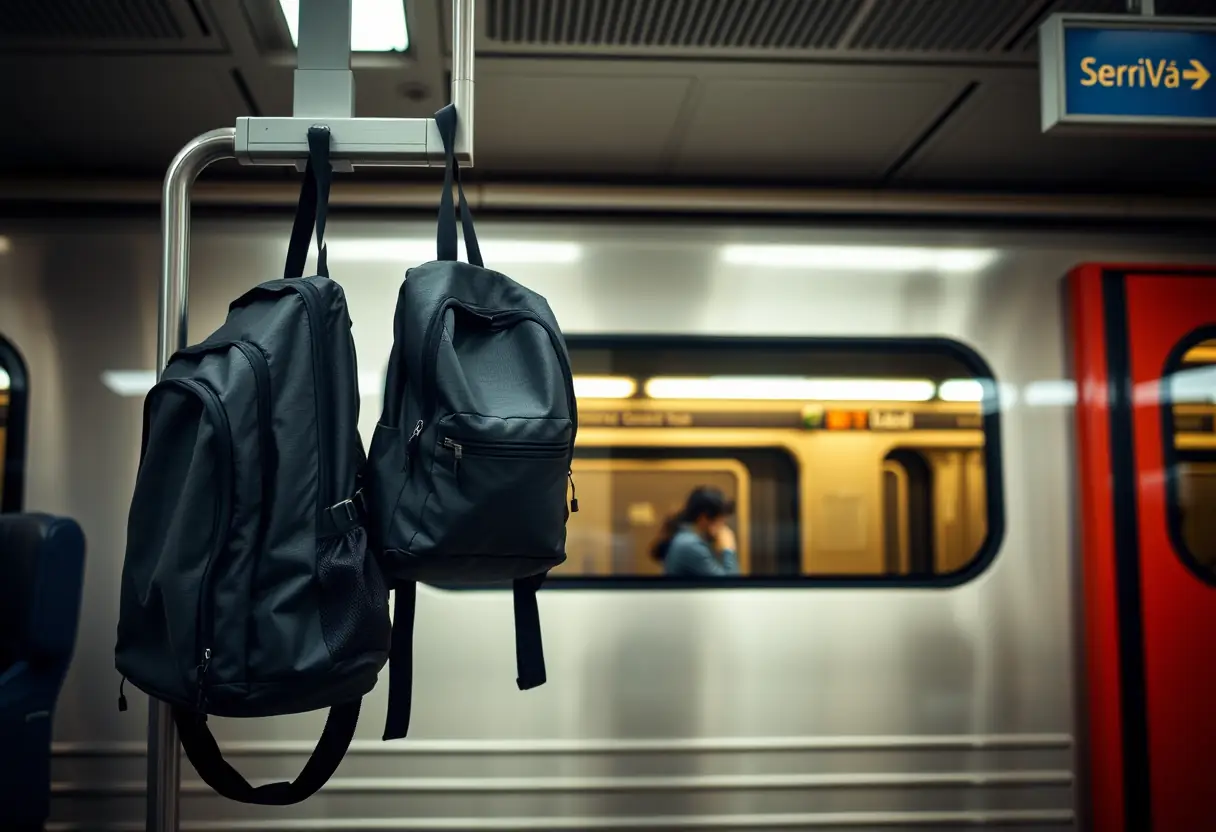 Un sac à dos accroché à une barre de porte-bagages dans une gare, la réflexion du train visible par la fenêtre