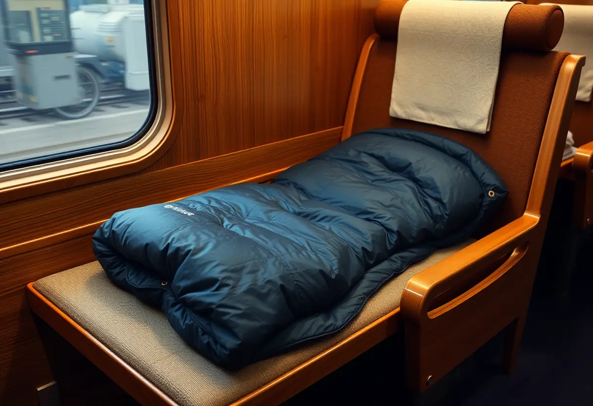 Un sac de couchage roulé posé à côté d'un siège en bois dans un wagon de shinkansen