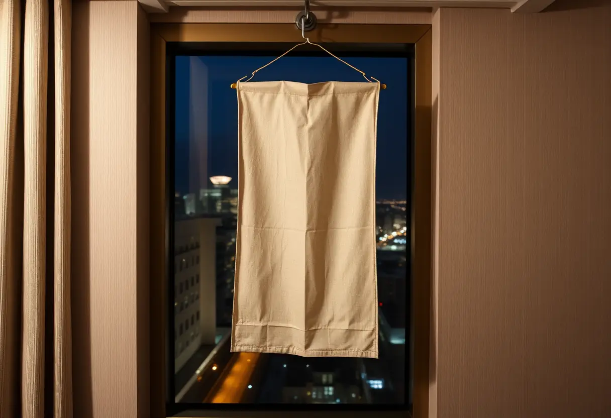 Un bout de tissu rectangle pendu à un crochet sur un mur d'hôtel, visible par la fenêtre donnant sur la ville la nuit