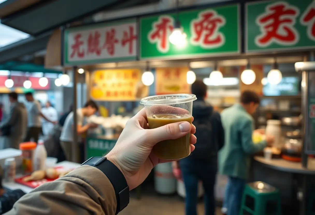 Une main tenant une tasse en plastique pleine de thé vert à un stand de rue