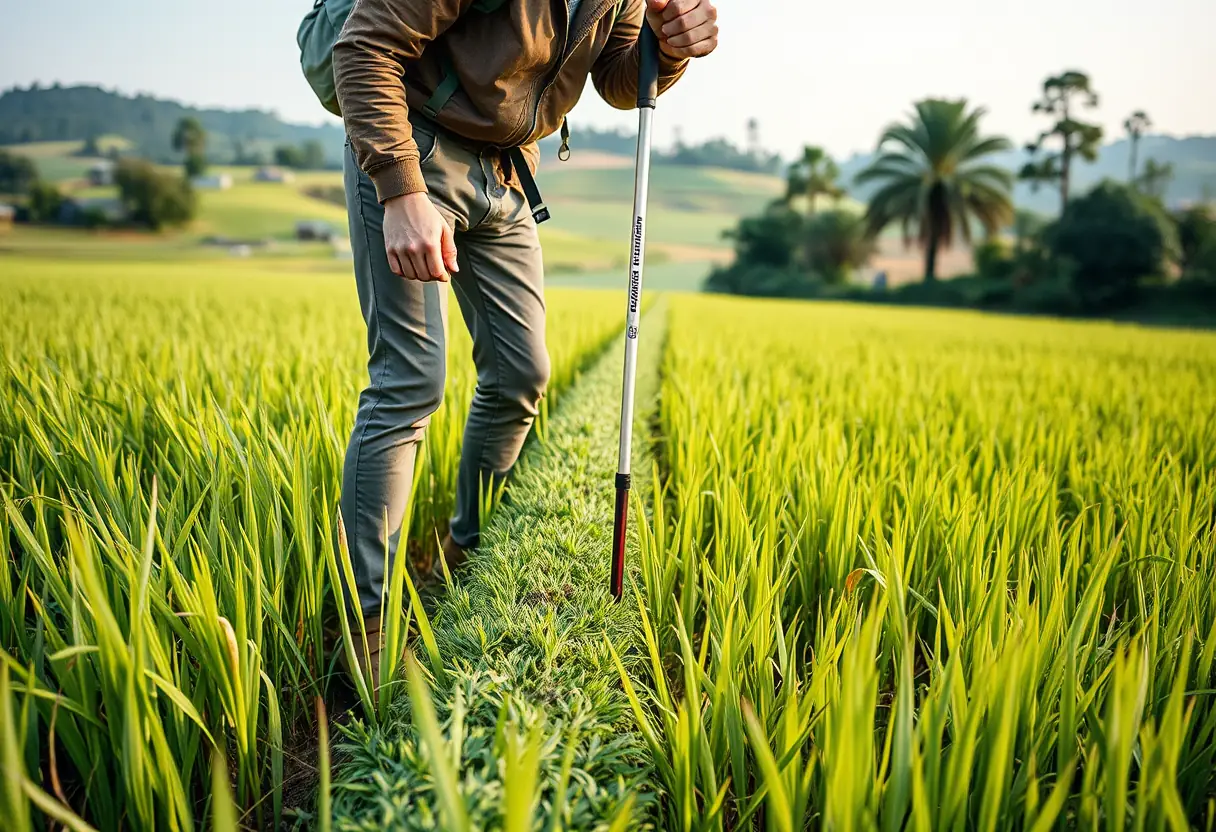 Un voyageur pose une canne de randonnée légère en aluminium près d'un champ de riz en campagne