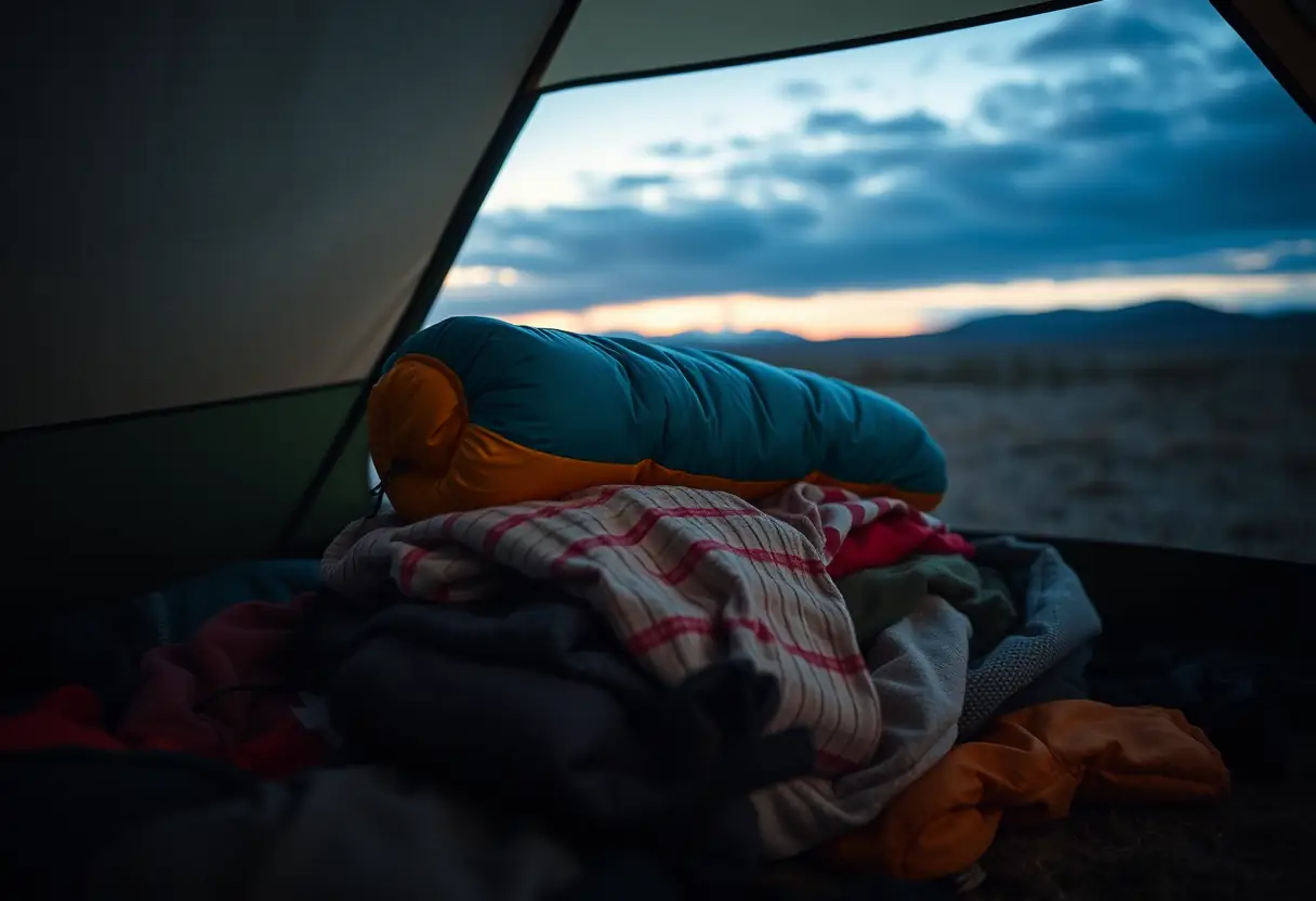 Un duvet roulé posé sur une pile de vêtements dans une tente au crépuscule