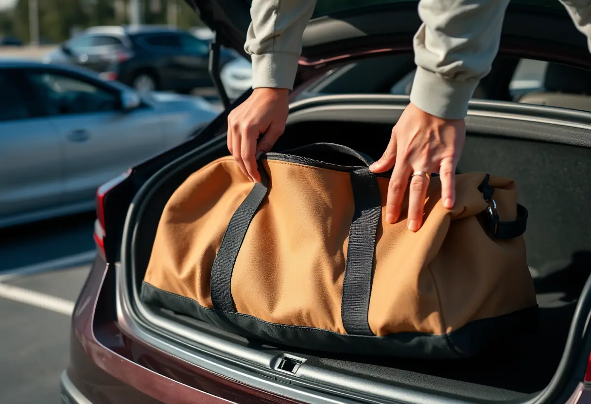 Des mains fermettant la fermeture d'un sac de sport en toile posé sur le coffre d'une voiture en stationnement