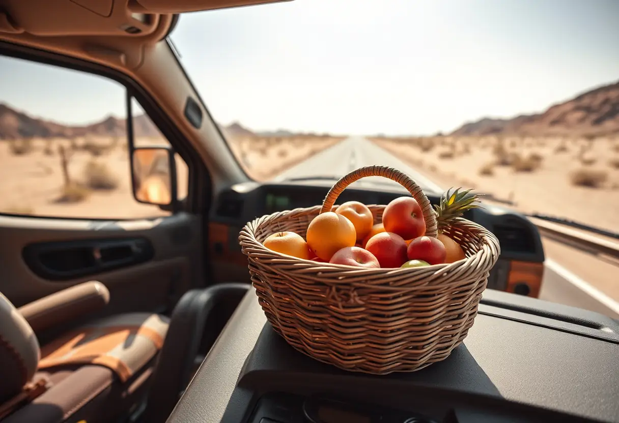 Un panier tressé rond rempli de fruits frais posé sur le tableau de bord d'un camion aménagé garé sur une route désertique