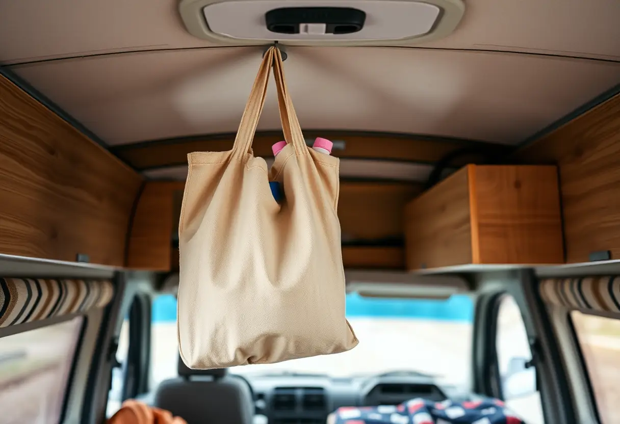 Un grand sac en toile accroché à un anneau sur le mur à l'intérieur d'un camion aménagé, contenant divers produits d'hygiène et fournitures
