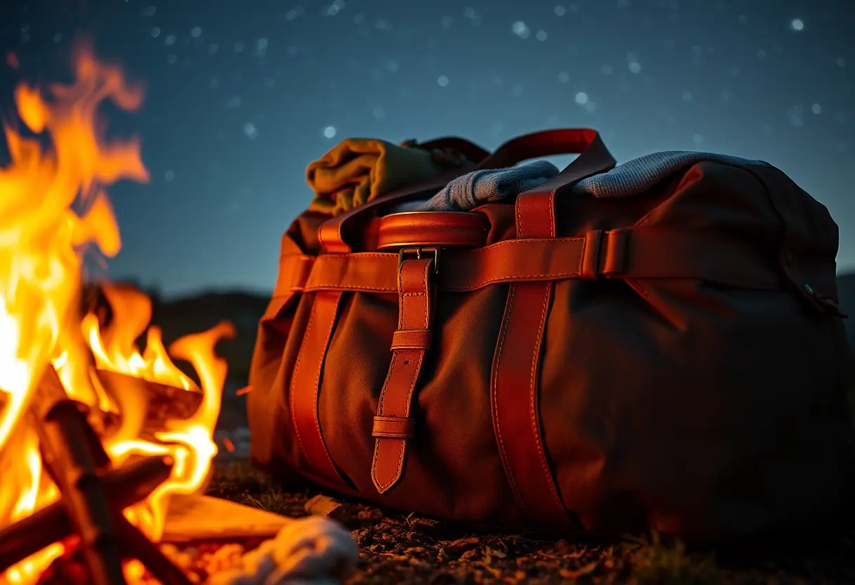 Une ceinture en cuir maintient les attaches d'un gros sac de sport rempli de vêtements, reposant près d'un feu de camp sous un ciel étoilé