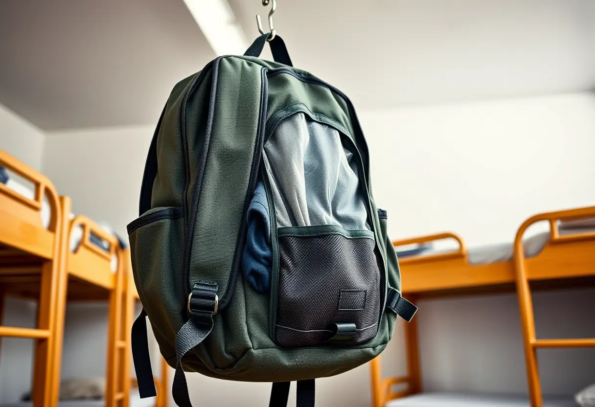 Un sac à dos en toile accroché à un porte-sac dans une chambre style dortoir, montrant ses compartiments et ses sangles, avec des vêtements visibles à travers une section transparente, suggérant une organisation pour les voyageurs économiques