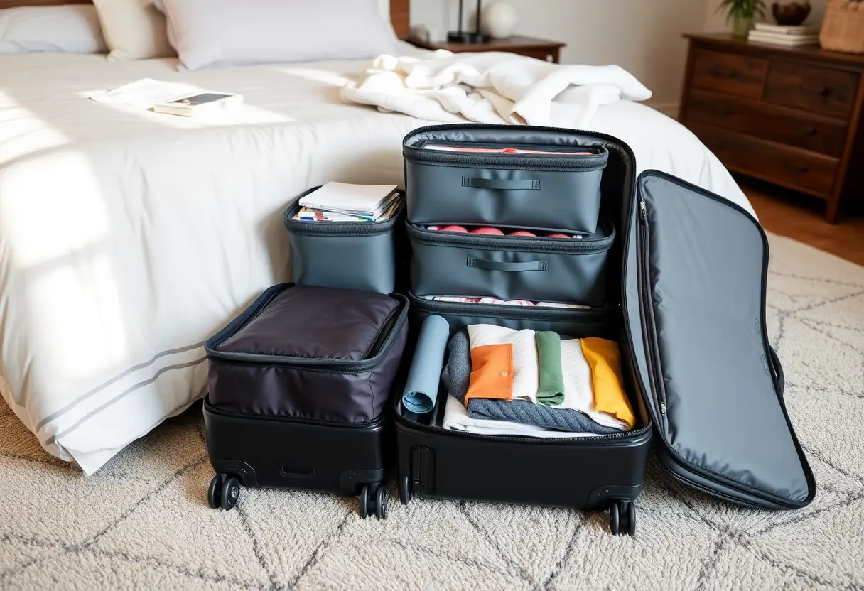 Des cubes de rangement alignés dans une valise molletonnée ouverte sur le plancher d'une chambre, organisant divers objets