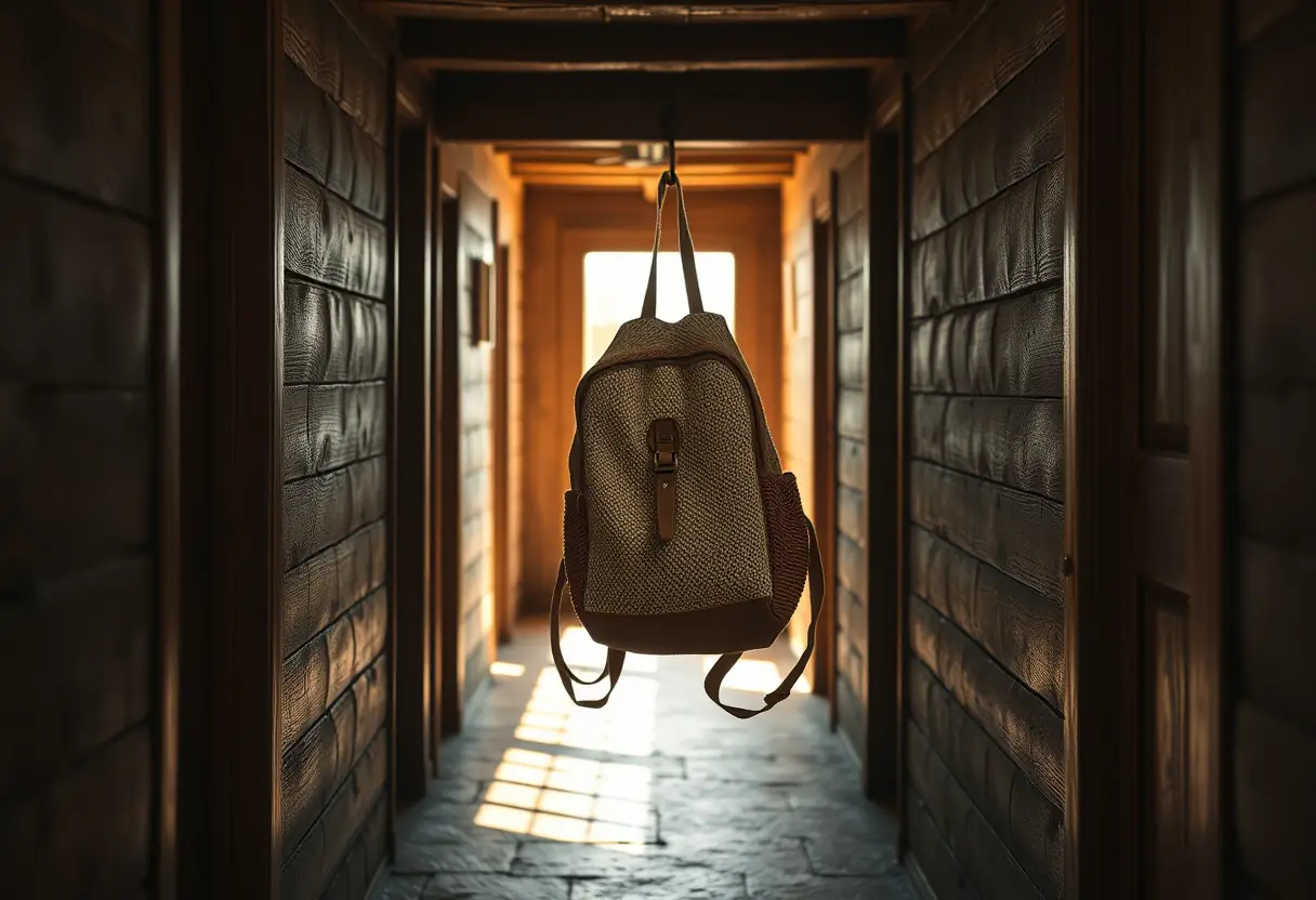 Un sac à dos en toile accroché à un crochet dans un couloir en bois d'un petit hôtel péruvien