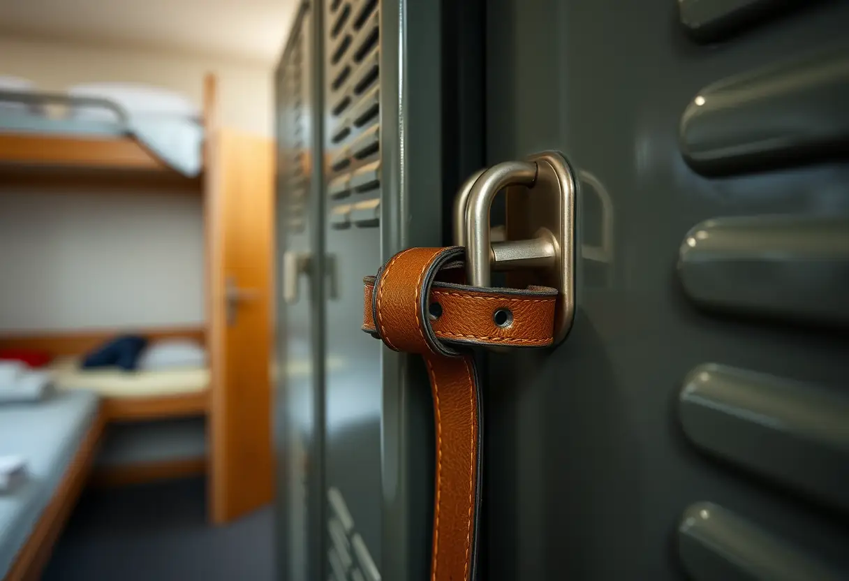 Une ceinture en cuir passant par-dessus la poignée d'un casier métallique dans une chambre dortoir, la porte du casier légèrement ouverte révélant des objets personnels à l'intérieur