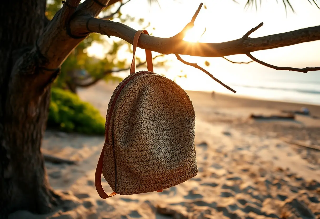 Un sac à dos en paille suspendu à une branche d'arbre près d'une plage, reflétant la lumière du soleil de l'après-midi