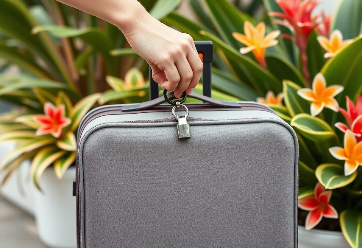 La main d'une personne ferme un zip sur une valise moyenne en tissu avec un mécanisme de verrouillage, posée près d'un jardin de fleurs tropicales