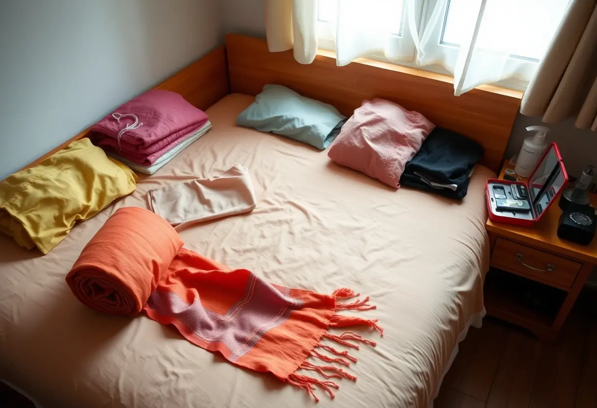 Un sari roulé posé sur un lit d'auberge, entouré de vêtements pliés et d'un kit de toilette ouvert sur la table de chevet