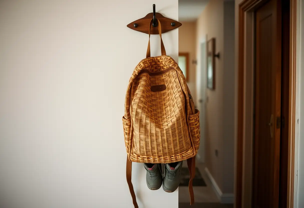 Un sac à dos en toile accroché à un crochet dans un couloir d'auberge, avec une paire de chaussures de randonnée placées sous lui
