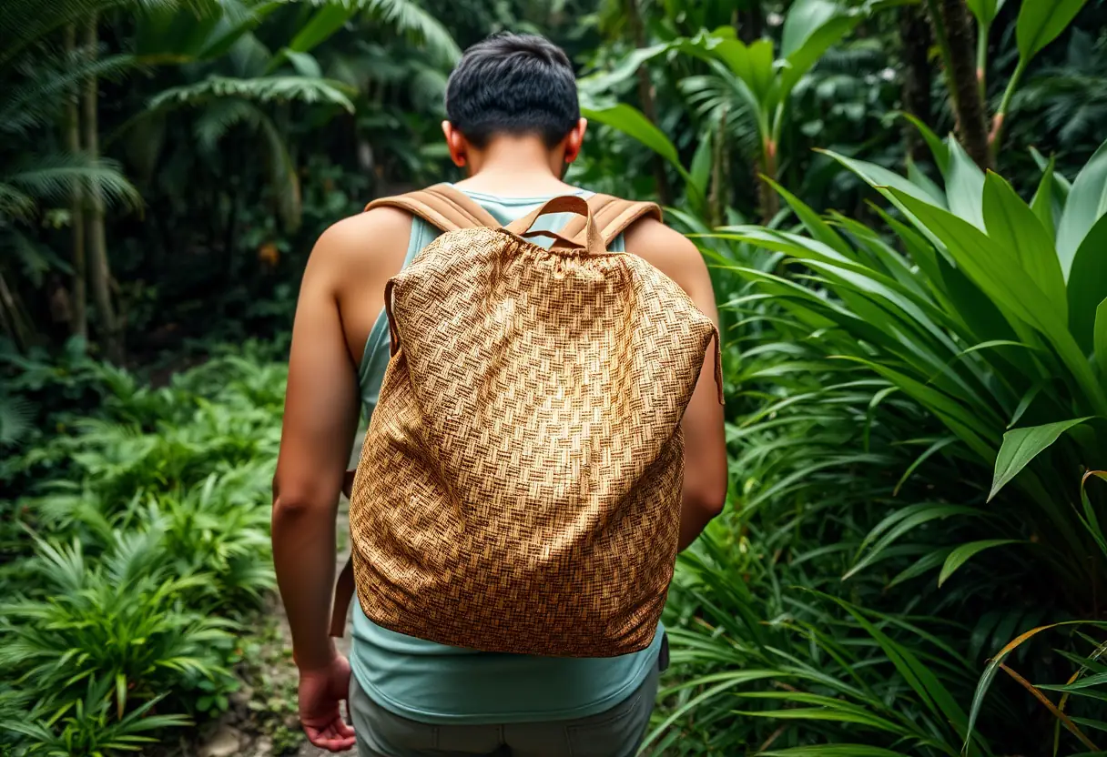 Un sac à dos en fibre tissée accroché sur l'épaule d'une personne qui marche sur un sentier tropical entouré de végétation dense