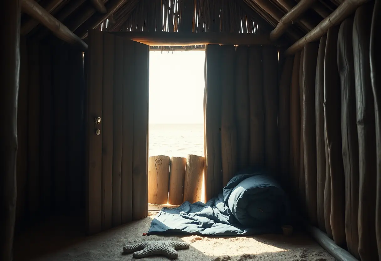 Un sac de couchage roulé coincé dans un coin d'une petite hutte de plage avec toit de paille, la lumière du soleil filtre à travers la porte ouverte révélant l'intérieur simple