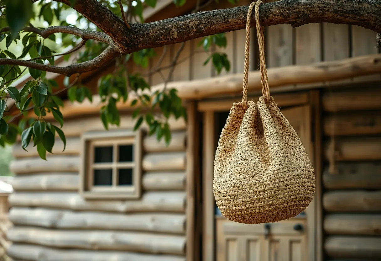 Un sac à dos en paille suspendu à une branche de l'arbre devant une petite maison en bois