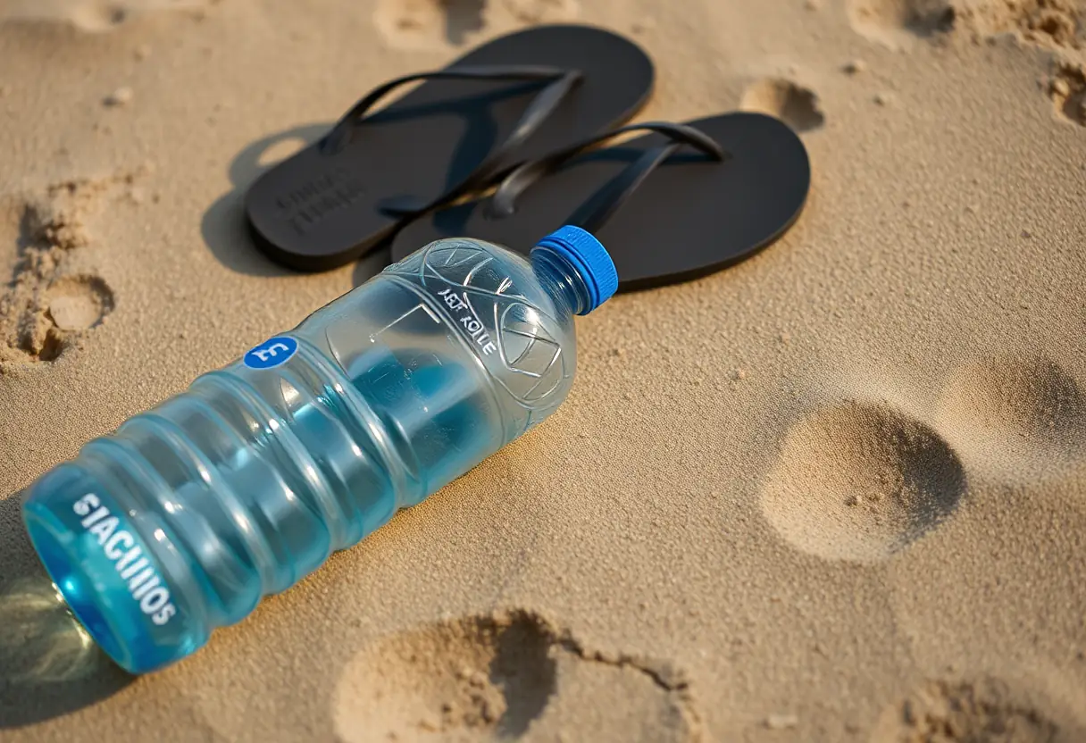 Une bouteille d'eau en plastique posée sur le sable à côté d'une paire de sandales