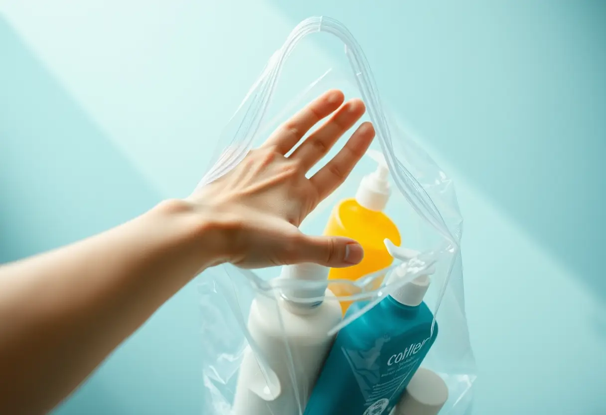 Une main qui atteint vers un sac en plastique transparent rempli de produits de toilette
