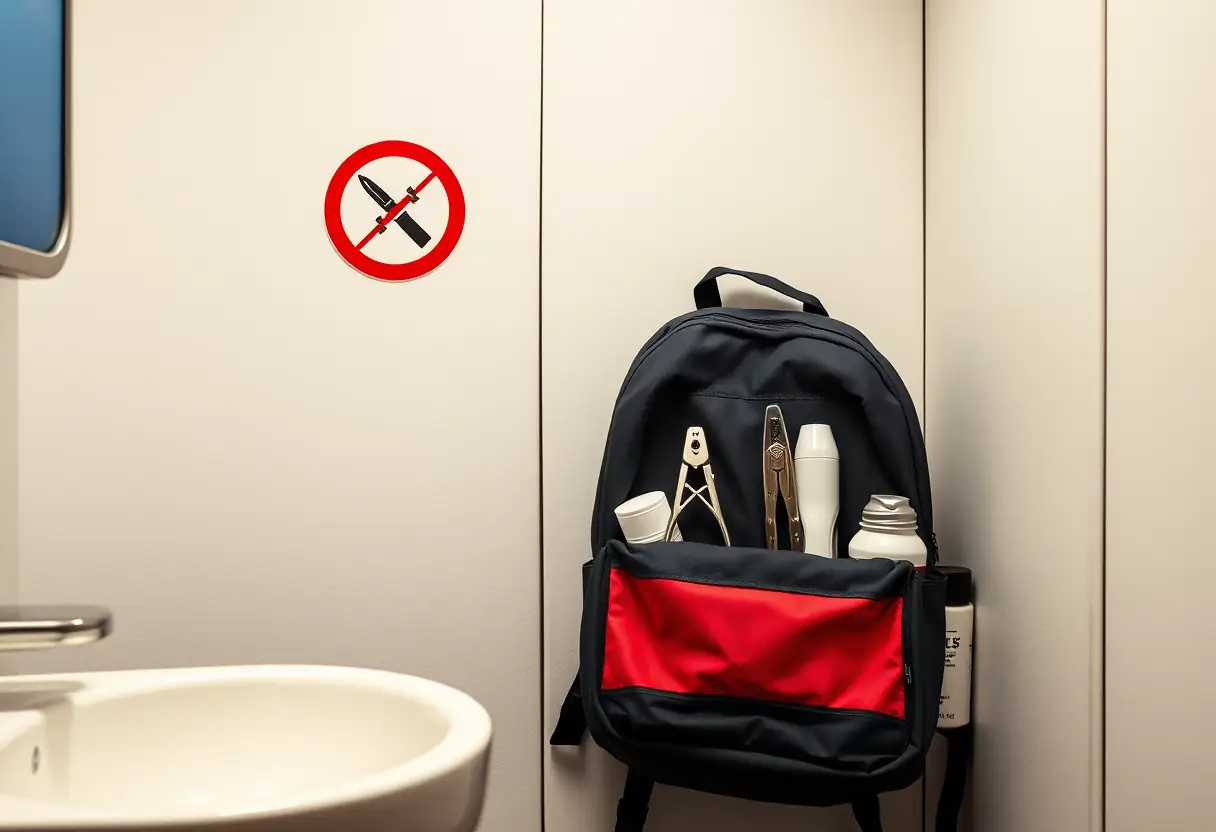 Un sac à dos appuyé contre le mur d'une salle de bains d'avion, montrant des objets interdits tels que des coupe-ongles et des bombes aérosols