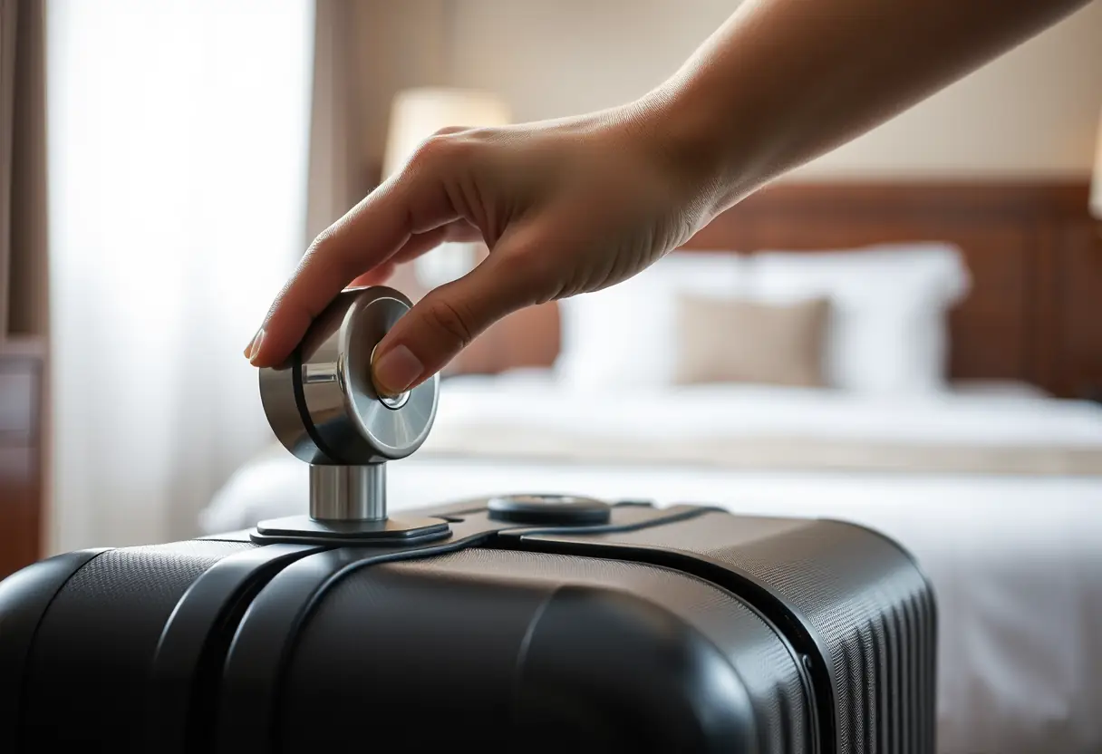 Une main tendue vers le cadran d'un verrou en métal cylindrique sur une valise, la valise reposant sur le plancher d'une chambre d'hôtel