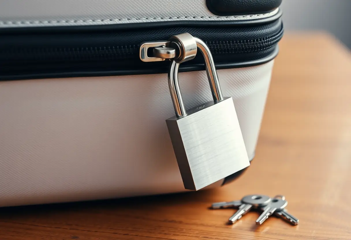 Un cadenas sécurisant la poignée de fermeture éclair d'une valise fermée, posée sur un bureau en bois à côté d'un jeu de clés.