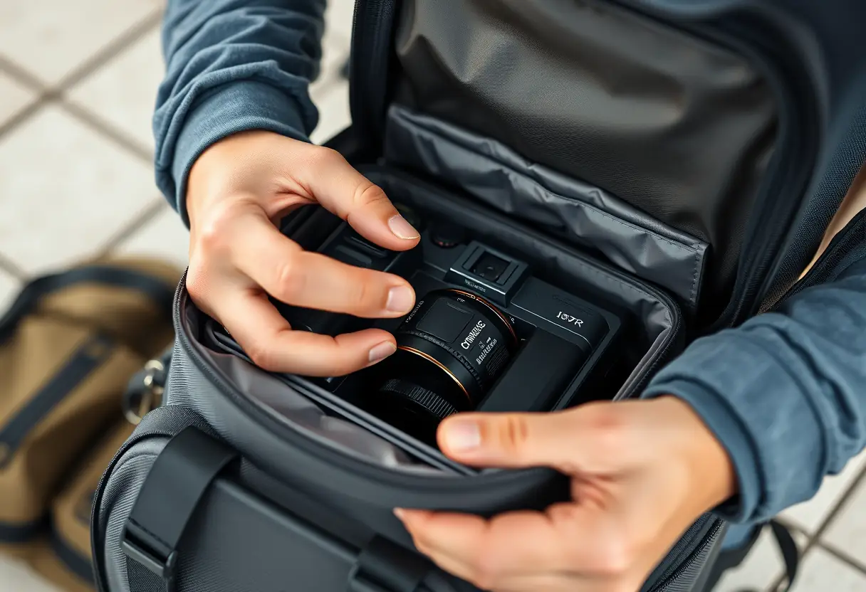Un voyageur mettant soigneusement sa caméra dans une petite boîte en plastique à l'intérieur de son sac à dos compact