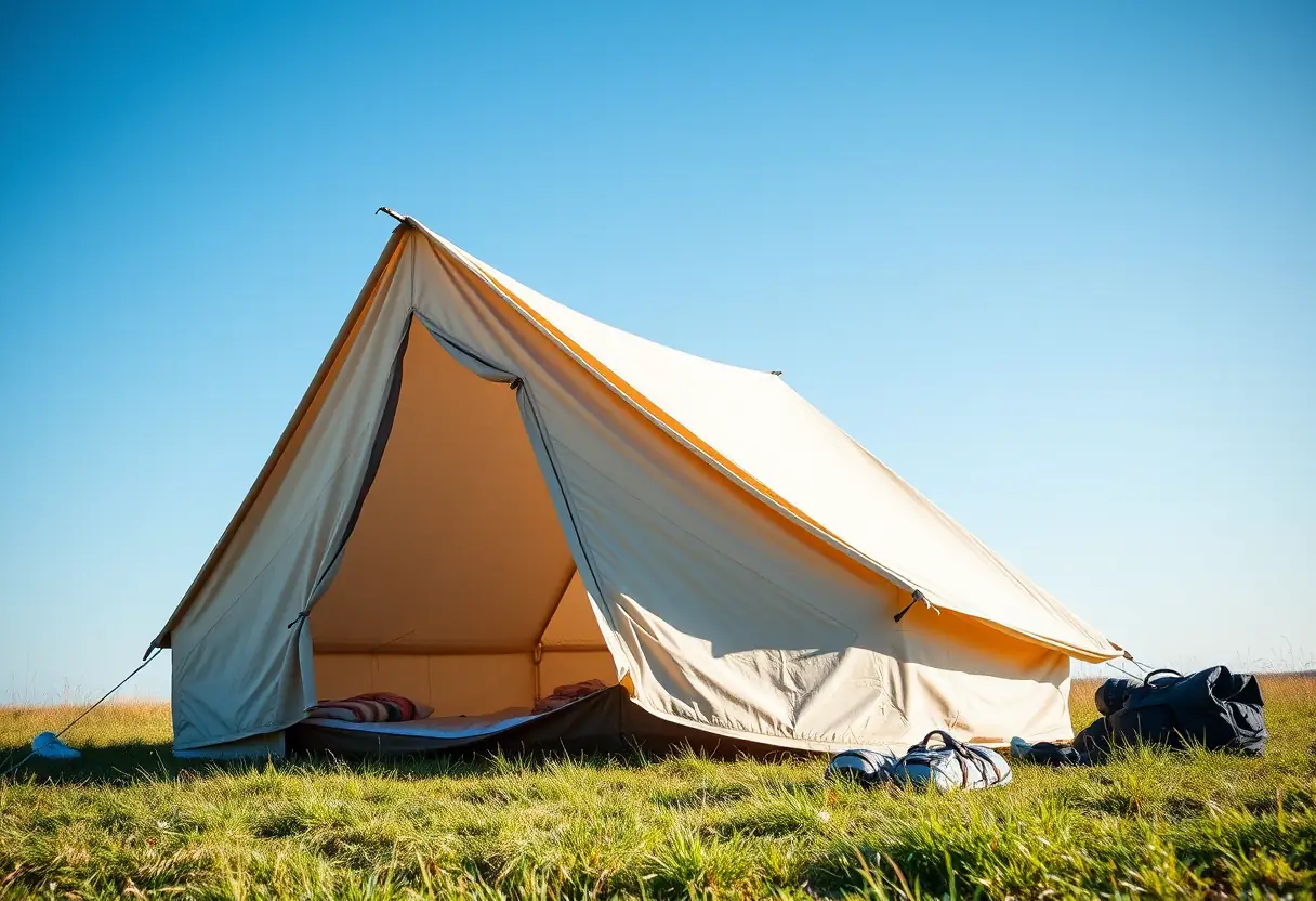 Un tenture en toile partiellement montée sur un champ verdoyant sous un ciel bleu clair, avec du matériel de camping répandu à proximité